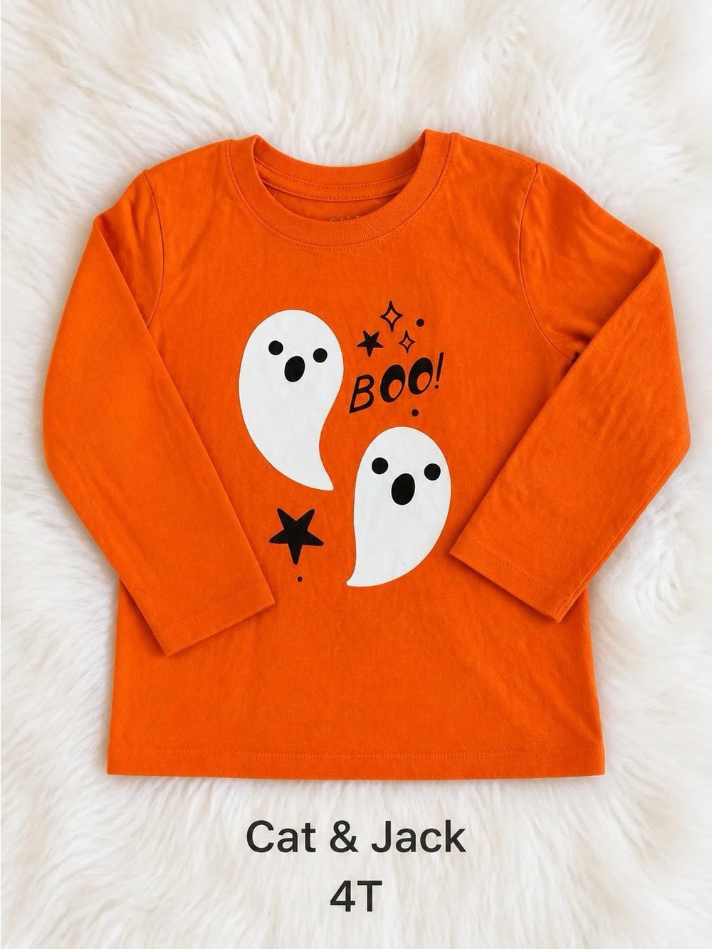 Cat & Jack 4T Halloween Ghost Long Sleeve Tee Orange BOO Graphic Shirt